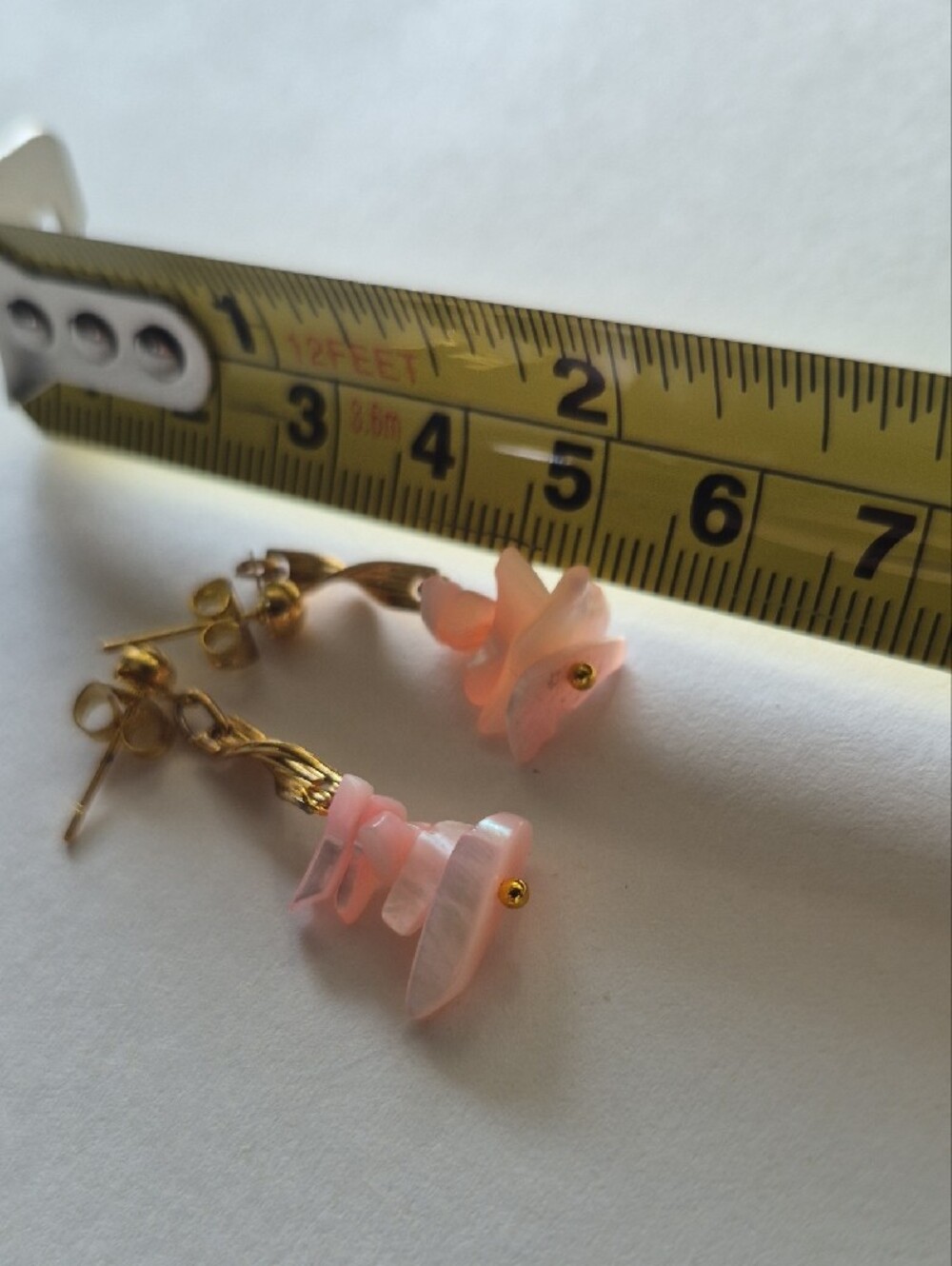 Handmade Pink Mother Of Pearl Shell Chip Drop Earrings - Gold Accents - Picture 5 of 6